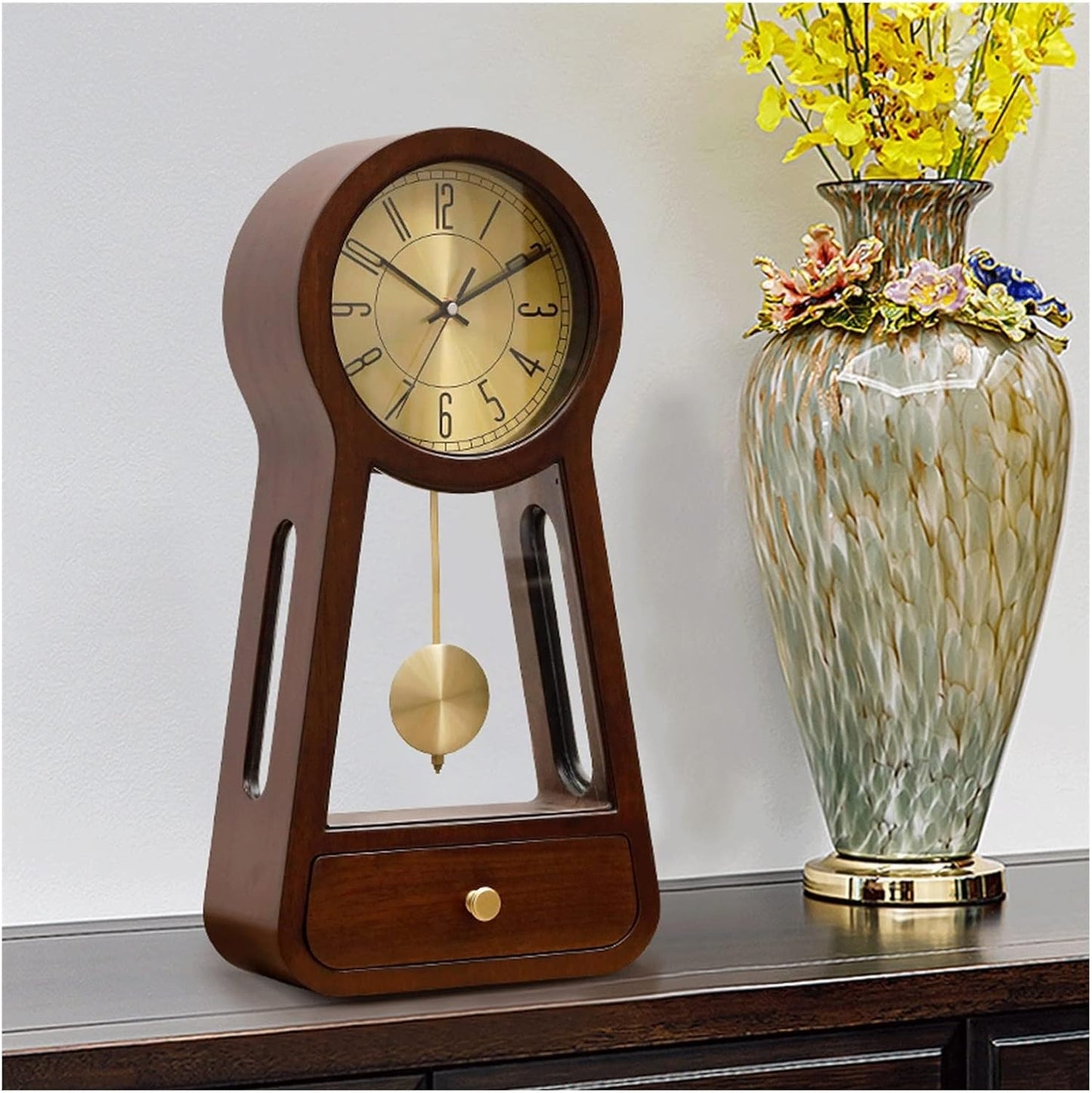 Silent Wooden Desk Clock, Modern Chinese Style Table Clock for Living Room, Bedroom, Office & Home Decor