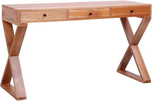 Solid Mahogany Wood Computer Desk with 3 Drawers, 45.3-Inch Natural Finish Writing Desk for Home Office, Study Room & Small Spaces