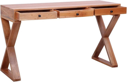 Solid Mahogany Wood Computer Desk with 3 Drawers, 45.3-Inch Natural Finish Writing Desk for Home Office, Study Room & Small Spaces