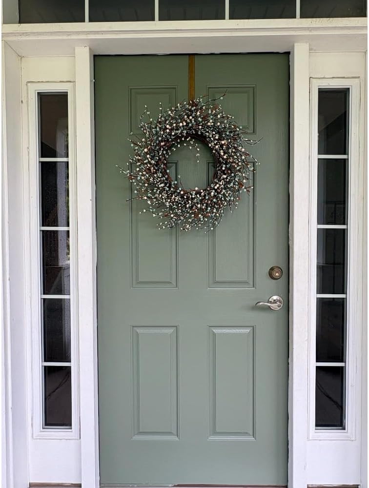 22-Inch Blueberry Spring Summer Wreath with White Blossoms, Artificial Farmhouse Front Door Wreath for Year-Round Home, Wall & Outdoor Decor