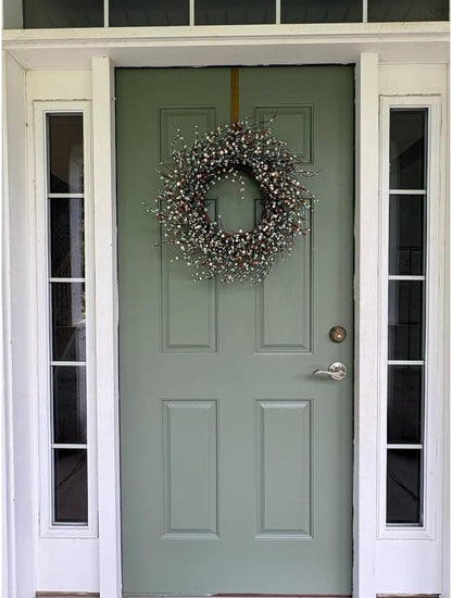 22-Inch Blueberry Spring Summer Wreath with White Blossoms, Artificial Farmhouse Front Door Wreath for Year-Round Home, Wall & Outdoor Decor