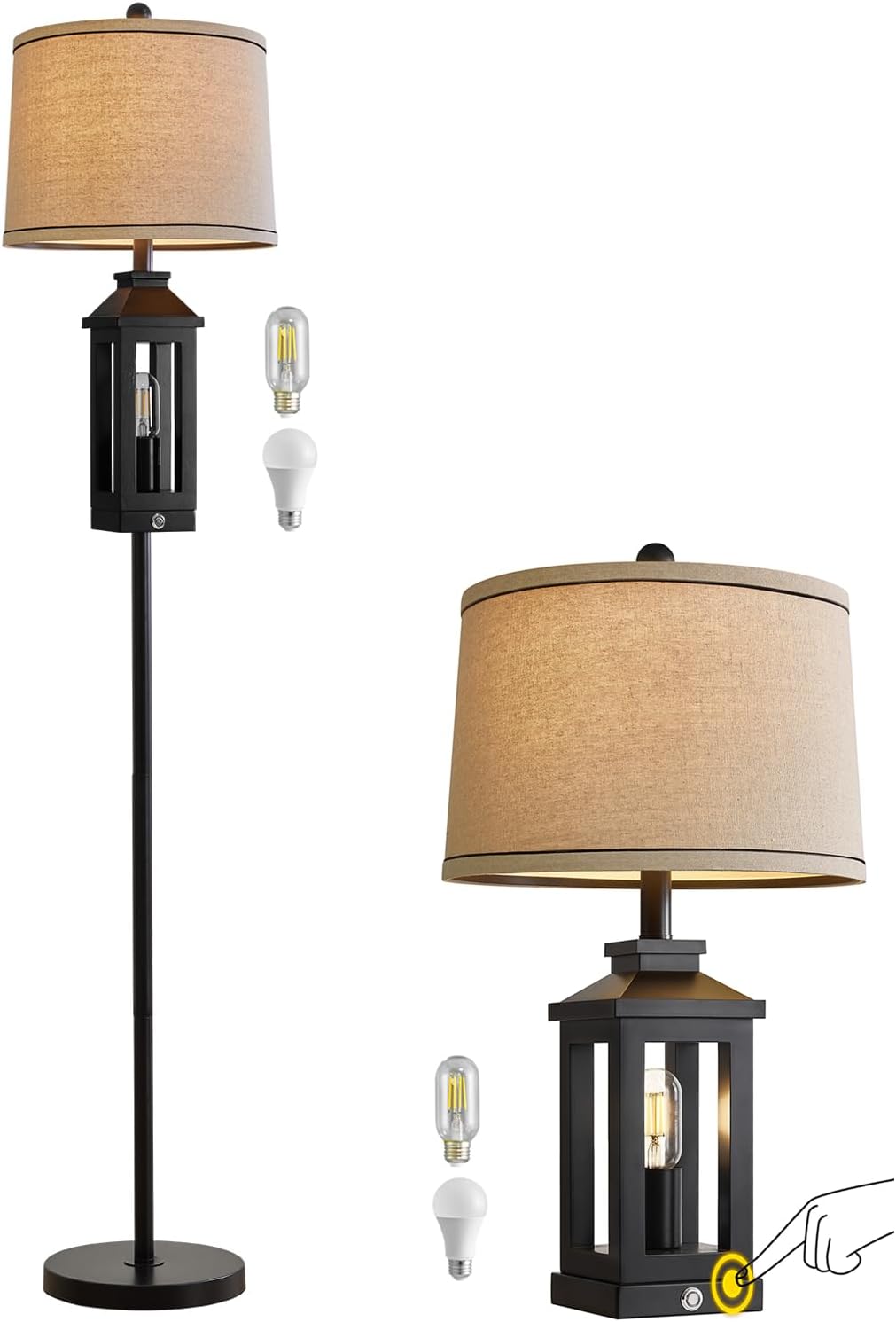 Retro Farmhouse Black Table Lamp & 63-Inch Floor Lamp Set, Modern Tall Standing Lamp for Living Room, Bedroom, Bedside & Home Decor