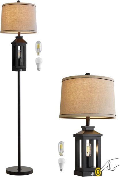 Retro Farmhouse Black Table Lamp & 63-Inch Floor Lamp Set, Modern Tall Standing Lamp for Living Room, Bedroom, Bedside & Home Decor