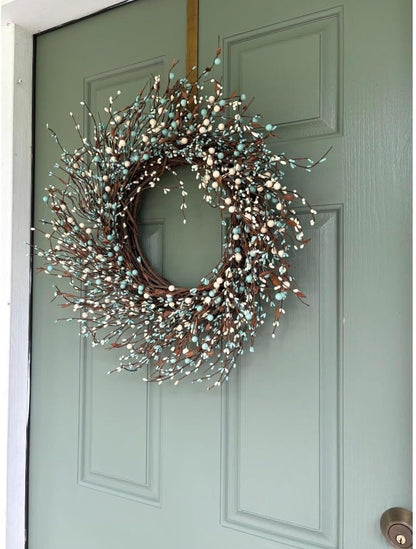 22-Inch Blueberry Spring Summer Wreath with White Blossoms, Artificial Farmhouse Front Door Wreath for Year-Round Home, Wall & Outdoor Decor