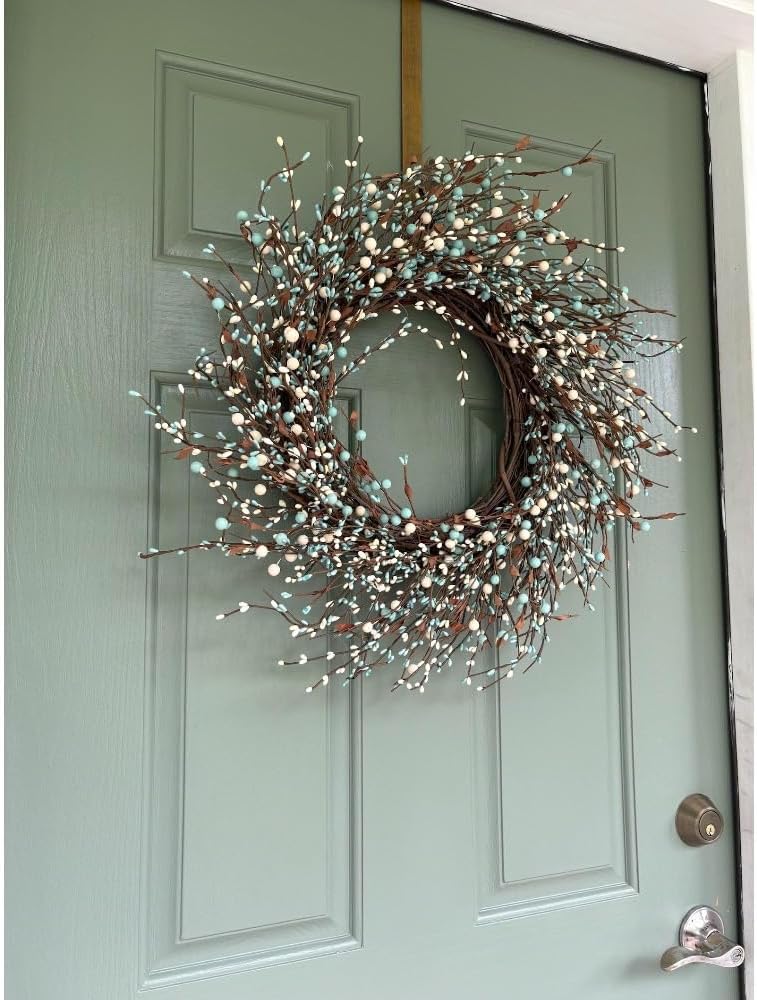 22-Inch Blueberry Spring Summer Wreath with White Blossoms, Artificial Farmhouse Front Door Wreath for Year-Round Home, Wall & Outdoor Decor