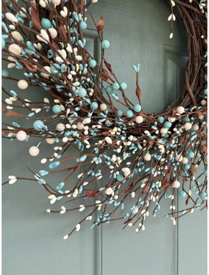 22-Inch Blueberry Spring Summer Wreath with White Blossoms, Artificial Farmhouse Front Door Wreath for Year-Round Home, Wall & Outdoor Decor