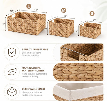 Set of 3 Handwoven Water Hyacinth Storage Baskets with Handles, Decorative Wicker Cube Organizer Bins for Shelves, Bathroom, Closet & Home Storage