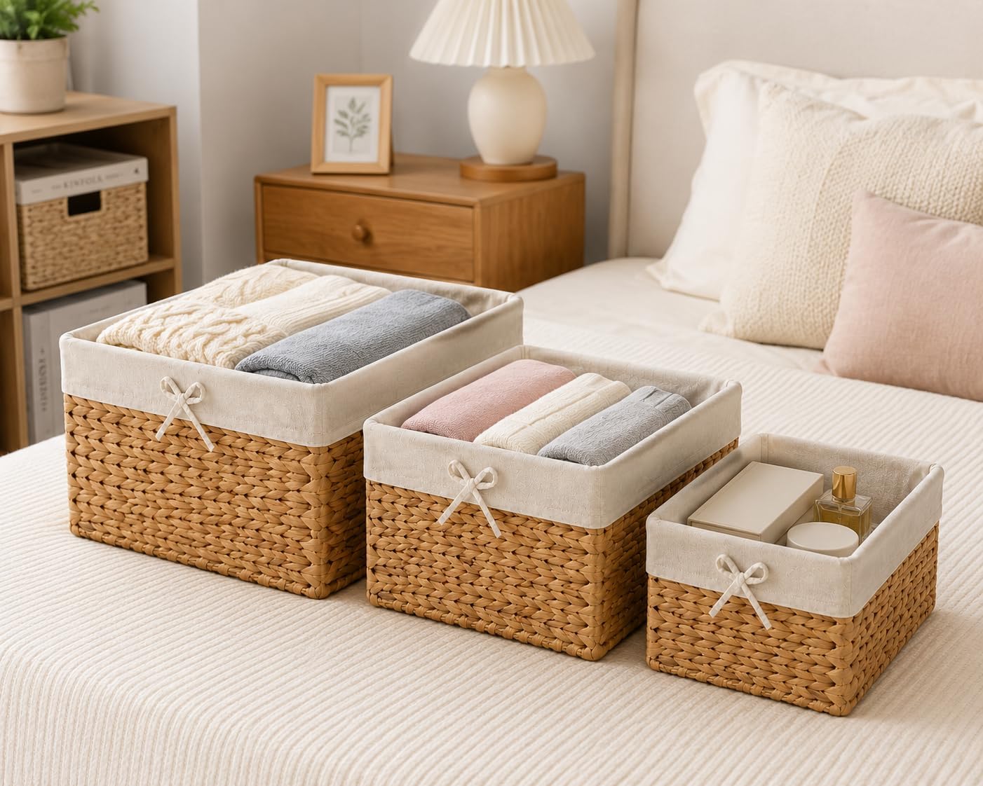 Set of 3 Handwoven Water Hyacinth Storage Baskets with Handles, Decorative Wicker Cube Organizer Bins for Shelves, Bathroom, Closet & Home Storage