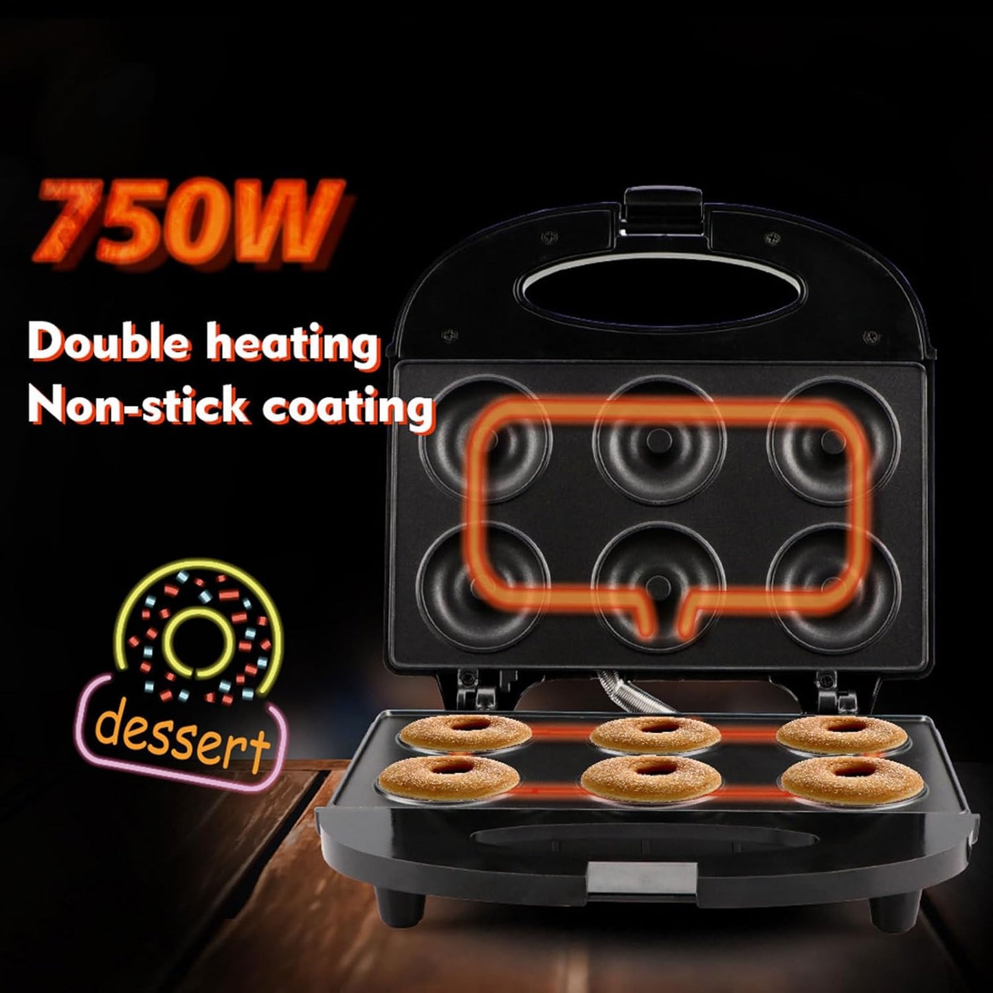 6-Hole Non-Stick Donut Maker Machine 750W, Automatic Donut Baking Appliance for Homemade Breakfast, Desserts, Muffins & Sweet Treats