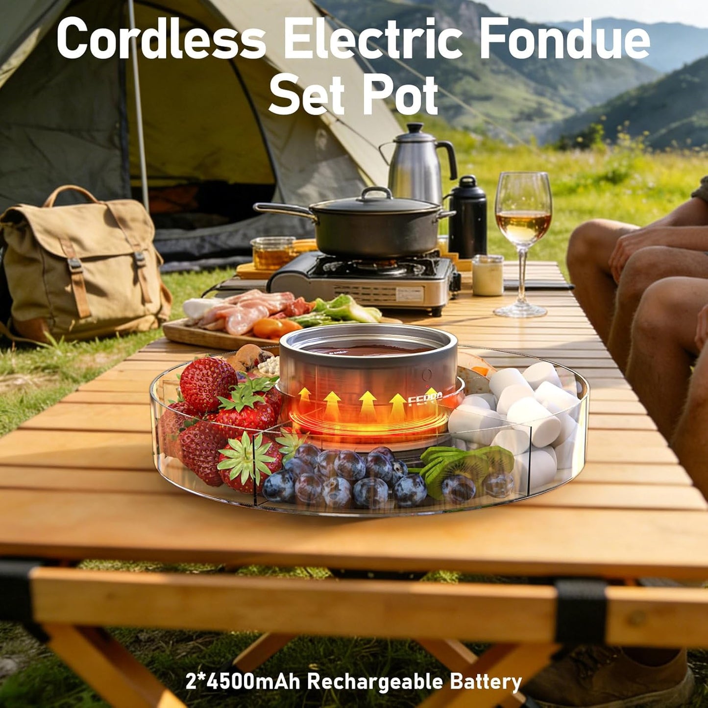 Cordless Electric Fondue Pot Set with Mood Light, Rechargeable Battery Powered Melting Pot with Detachable Taco Serving Tray for Chocolate, Cheese, Parties & Camping