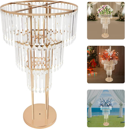38.5-Inch Gold 3-Tier Crystal Wedding Flower Stand, Elegant Tabletop Centerpiece with Crystal Pendants for Weddings, Parties, Hotels & Home Decor