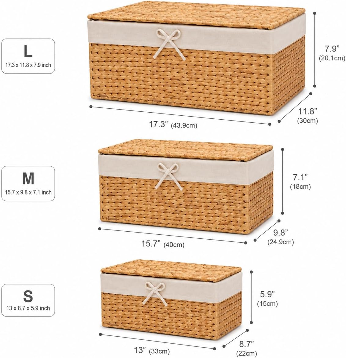 Set of 3 Handwoven Water Hyacinth Storage Baskets with Handles, Decorative Wicker Cube Organizer Bins for Shelves, Bathroom, Closet & Home Storage