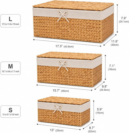 Set of 3 Handwoven Water Hyacinth Storage Baskets with Handles, Decorative Wicker Cube Organizer Bins for Shelves, Bathroom, Closet & Home Storage