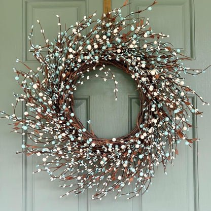22-Inch Blueberry Spring Summer Wreath with White Blossoms, Artificial Farmhouse Front Door Wreath for Year-Round Home, Wall & Outdoor Decor