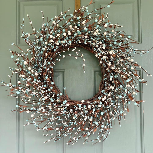 22-Inch Blueberry Spring Summer Wreath with White Blossoms, Artificial Farmhouse Front Door Wreath for Year-Round Home, Wall & Outdoor Decor
