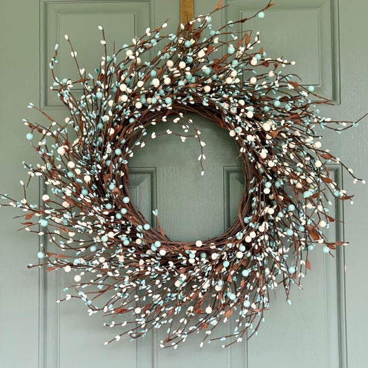 22-Inch Blueberry Spring Summer Wreath with White Blossoms, Artificial Farmhouse Front Door Wreath for Year-Round Home, Wall & Outdoor Decor