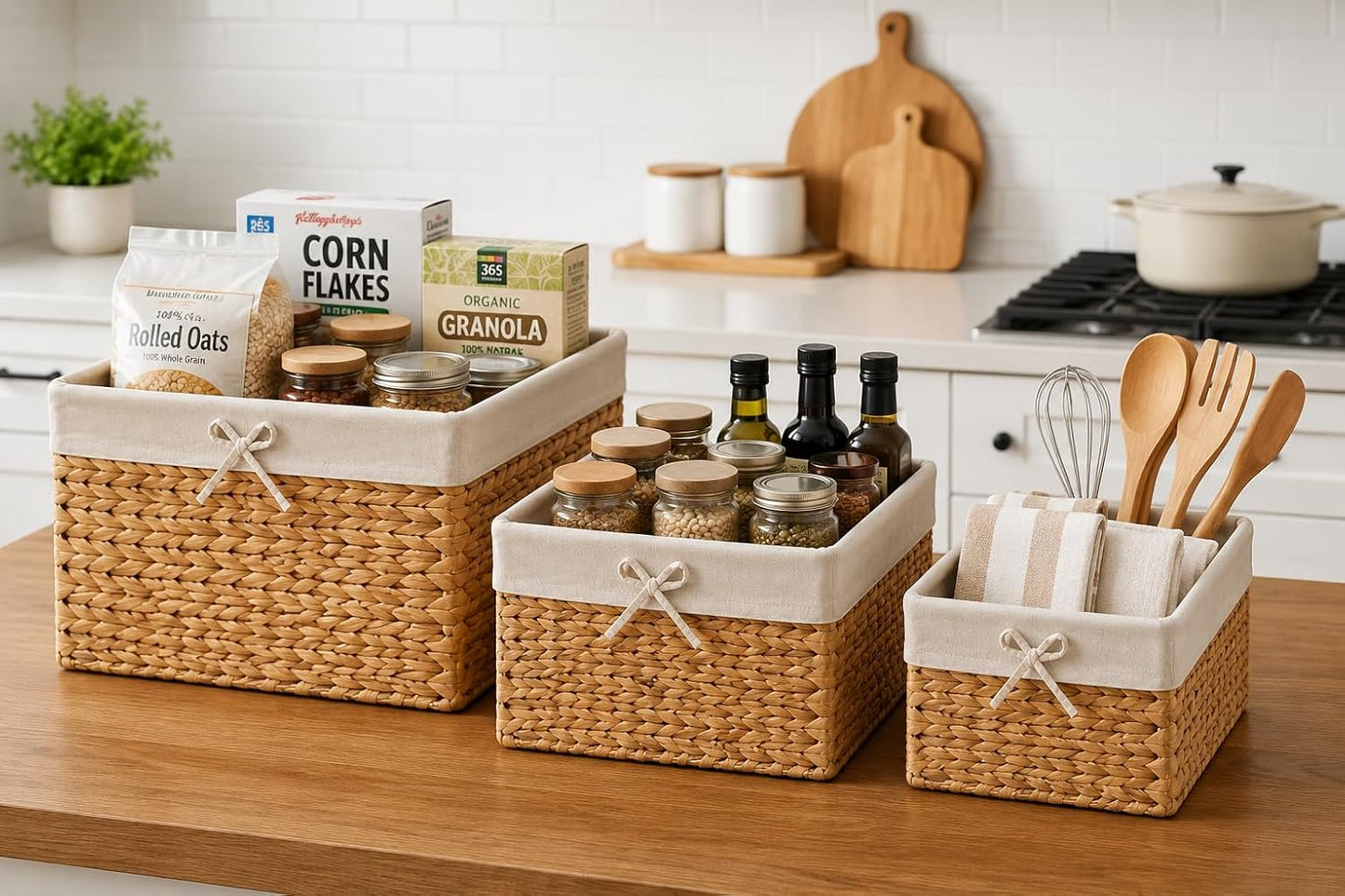 Set of 3 Handwoven Water Hyacinth Storage Baskets with Handles, Decorative Wicker Cube Organizer Bins for Shelves, Bathroom, Closet & Home Storage
