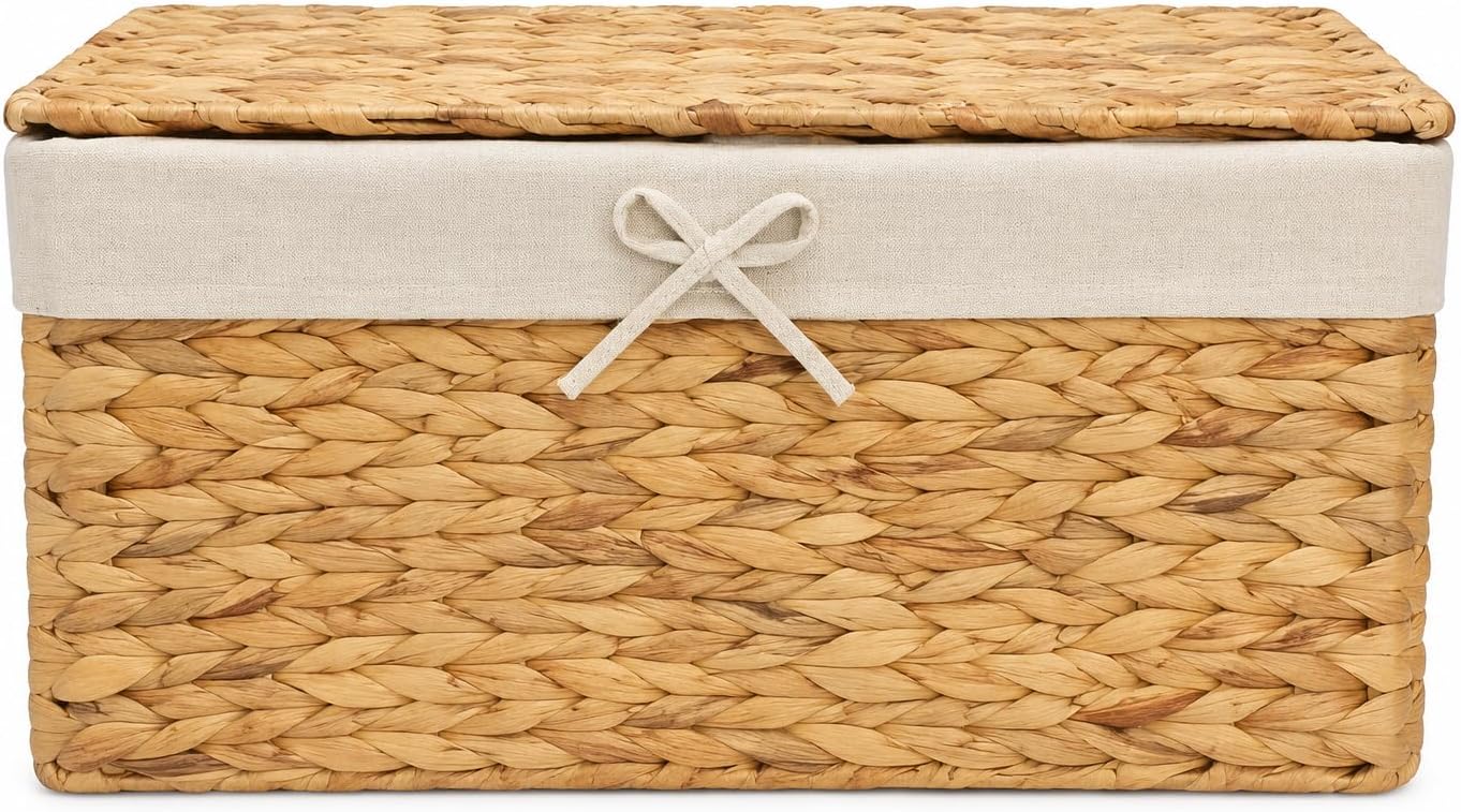 Set of 3 Handwoven Water Hyacinth Storage Baskets with Handles, Decorative Wicker Cube Organizer Bins for Shelves, Bathroom, Closet & Home Storage