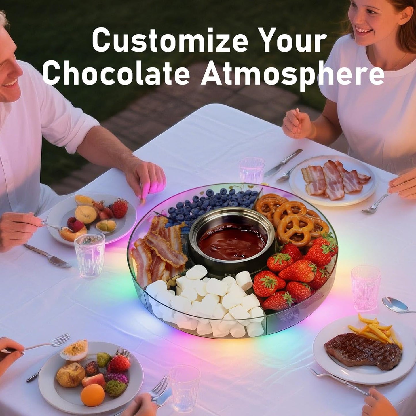 Cordless Electric Fondue Pot Set with Mood Light, Rechargeable Battery Powered Melting Pot with Detachable Taco Serving Tray for Chocolate, Cheese, Parties & Camping