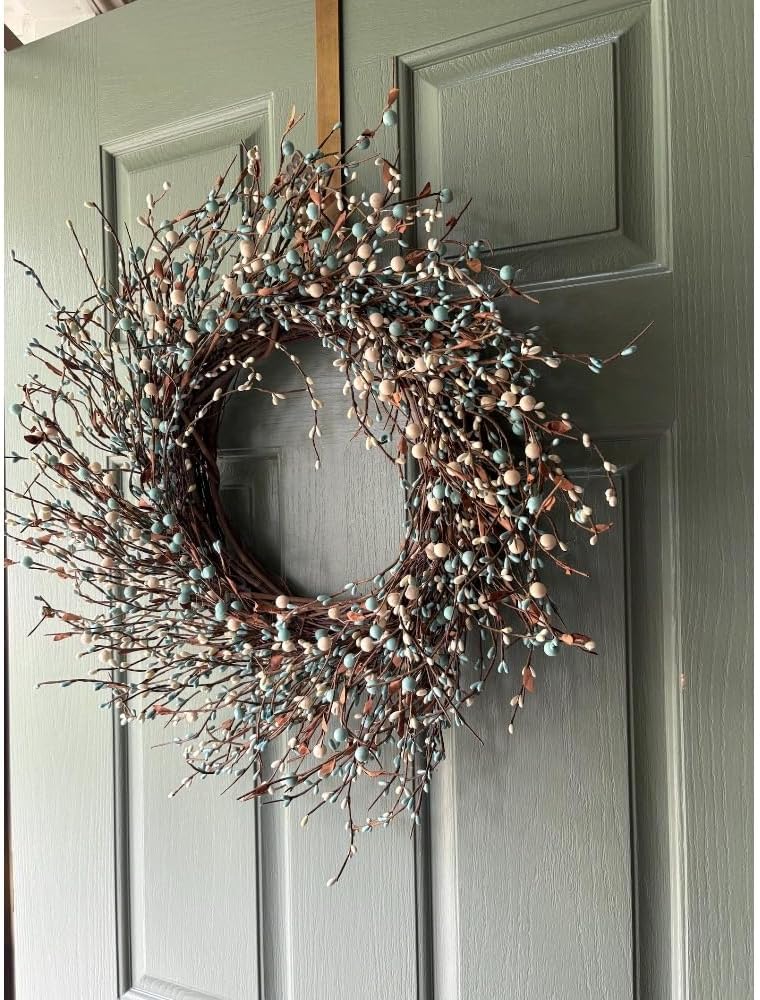 22-Inch Blueberry Spring Summer Wreath with White Blossoms, Artificial Farmhouse Front Door Wreath for Year-Round Home, Wall & Outdoor Decor