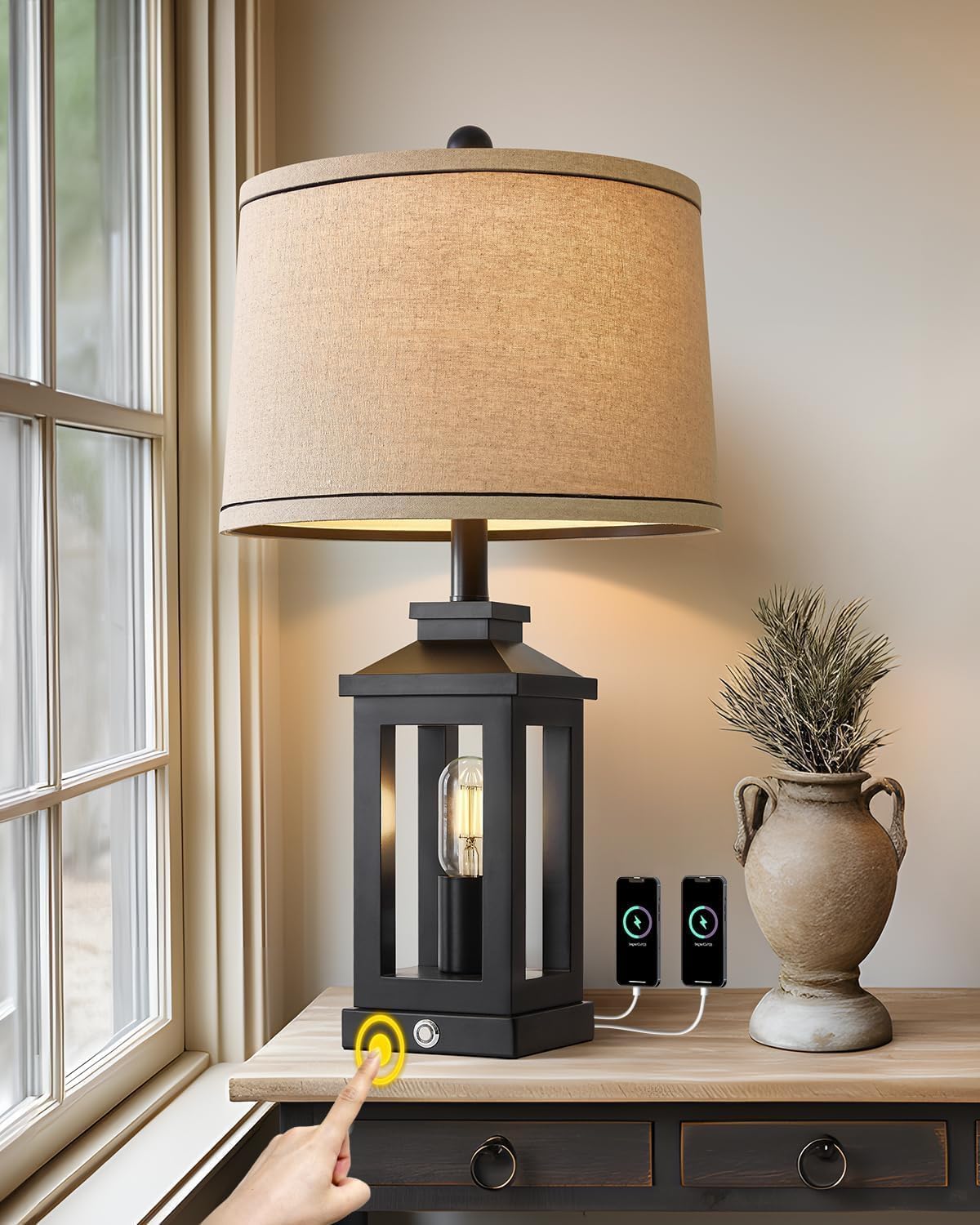 Retro Farmhouse Black Table Lamp & 63-Inch Floor Lamp Set, Modern Tall Standing Lamp for Living Room, Bedroom, Bedside & Home Decor