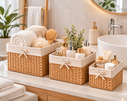 Set of 3 Handwoven Water Hyacinth Storage Baskets with Handles, Decorative Wicker Cube Organizer Bins for Shelves, Bathroom, Closet & Home Storage