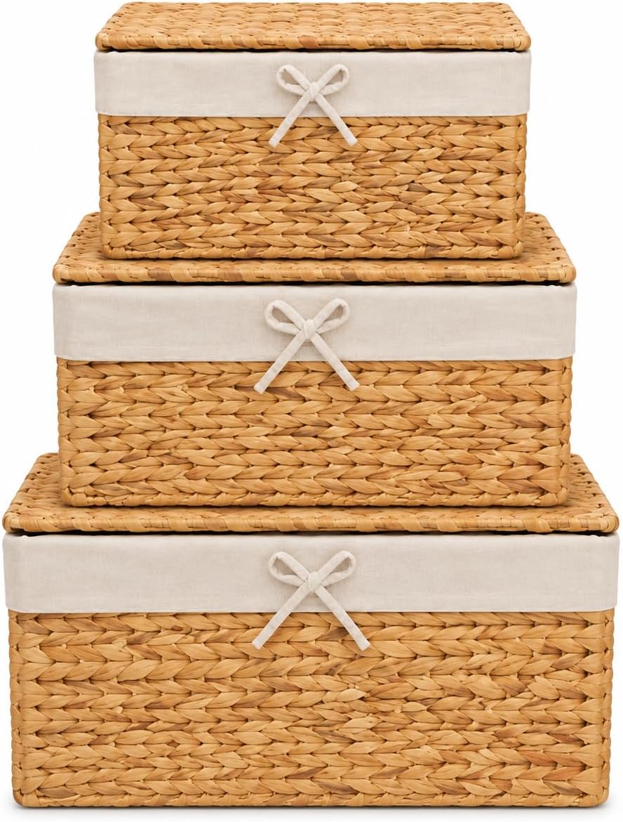Set of 3 Handwoven Water Hyacinth Storage Baskets with Handles, Decorative Wicker Cube Organizer Bins for Shelves, Bathroom, Closet & Home Storage