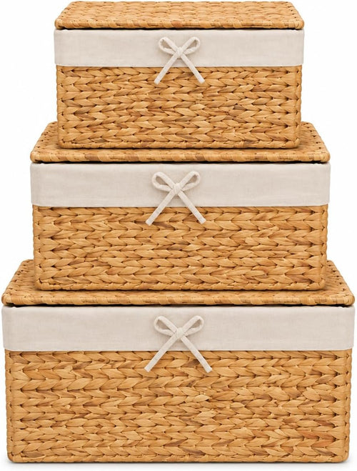 Set of 3 Handwoven Water Hyacinth Storage Baskets with Handles, Decorative Wicker Cube Organizer Bins for Shelves, Bathroom, Closet & Home Storage