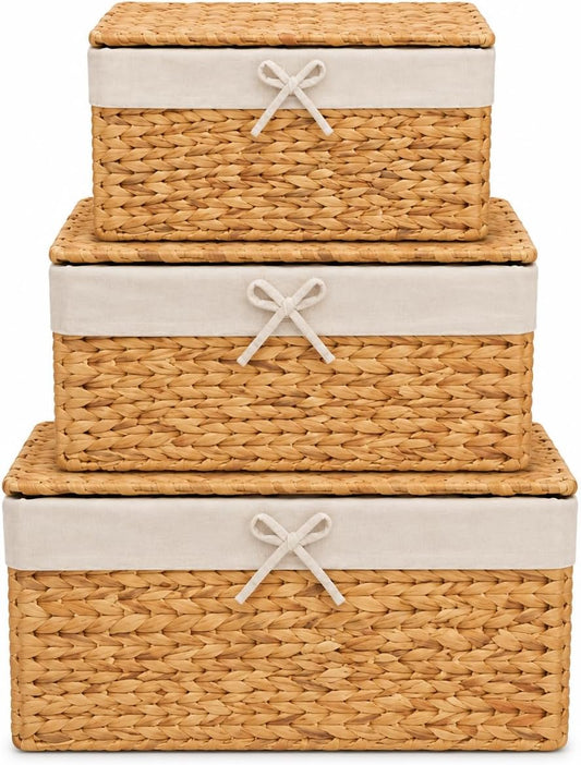 Set of 3 Handwoven Water Hyacinth Storage Baskets with Handles, Decorative Wicker Cube Organizer Bins for Shelves, Bathroom, Closet & Home Storage