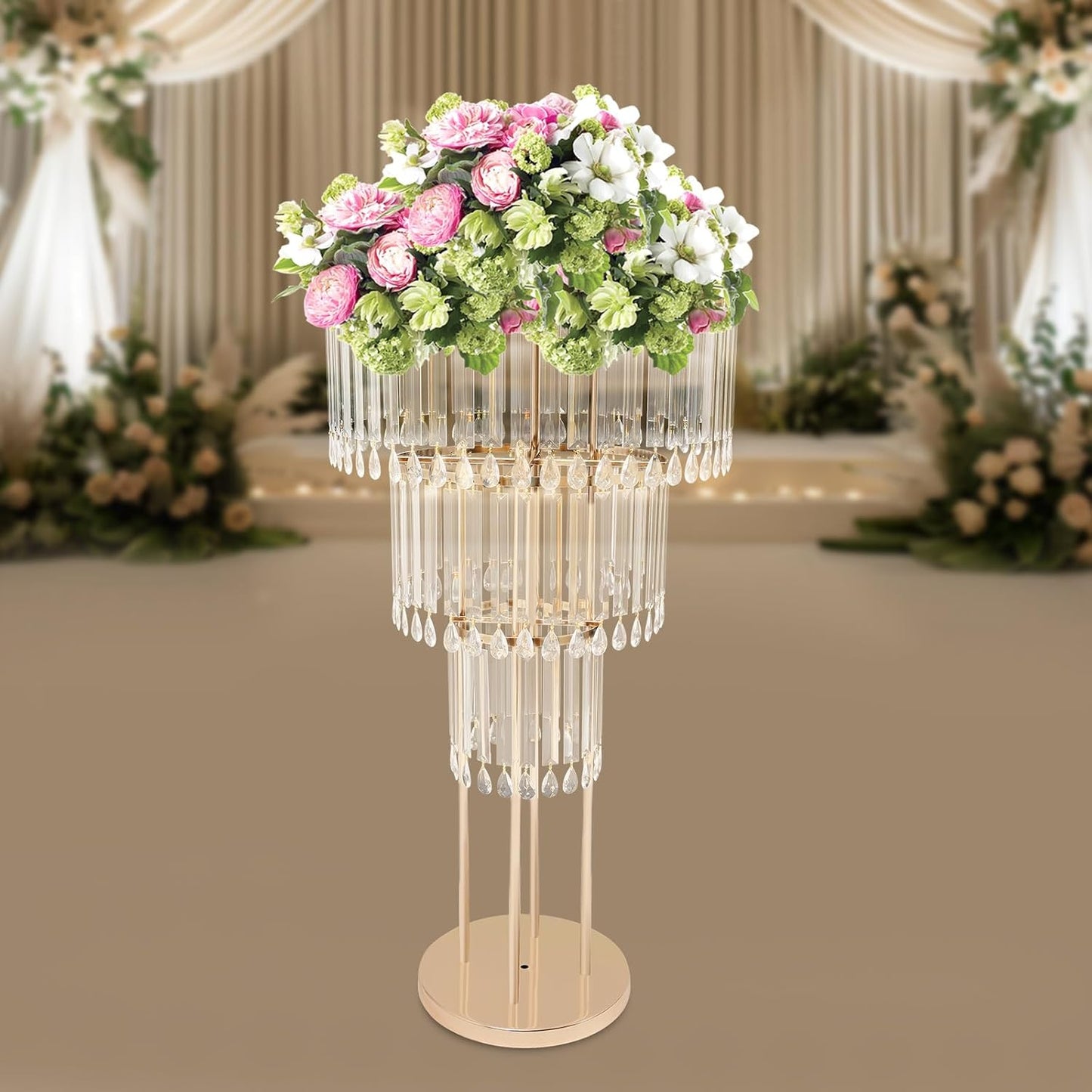 38.5-Inch Gold 3-Tier Crystal Wedding Flower Stand, Elegant Tabletop Centerpiece with Crystal Pendants for Weddings, Parties, Hotels & Home Decor