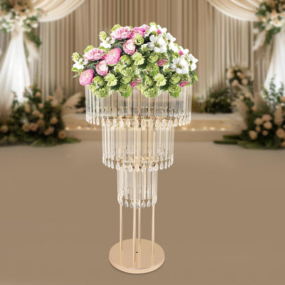 38.5-Inch Gold 3-Tier Crystal Wedding Flower Stand, Elegant Tabletop Centerpiece with Crystal Pendants for Weddings, Parties, Hotels & Home Decor