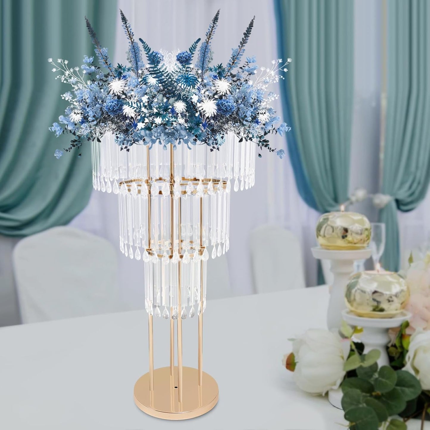 38.5-Inch Gold 3-Tier Crystal Wedding Flower Stand, Elegant Tabletop Centerpiece with Crystal Pendants for Weddings, Parties, Hotels & Home Decor