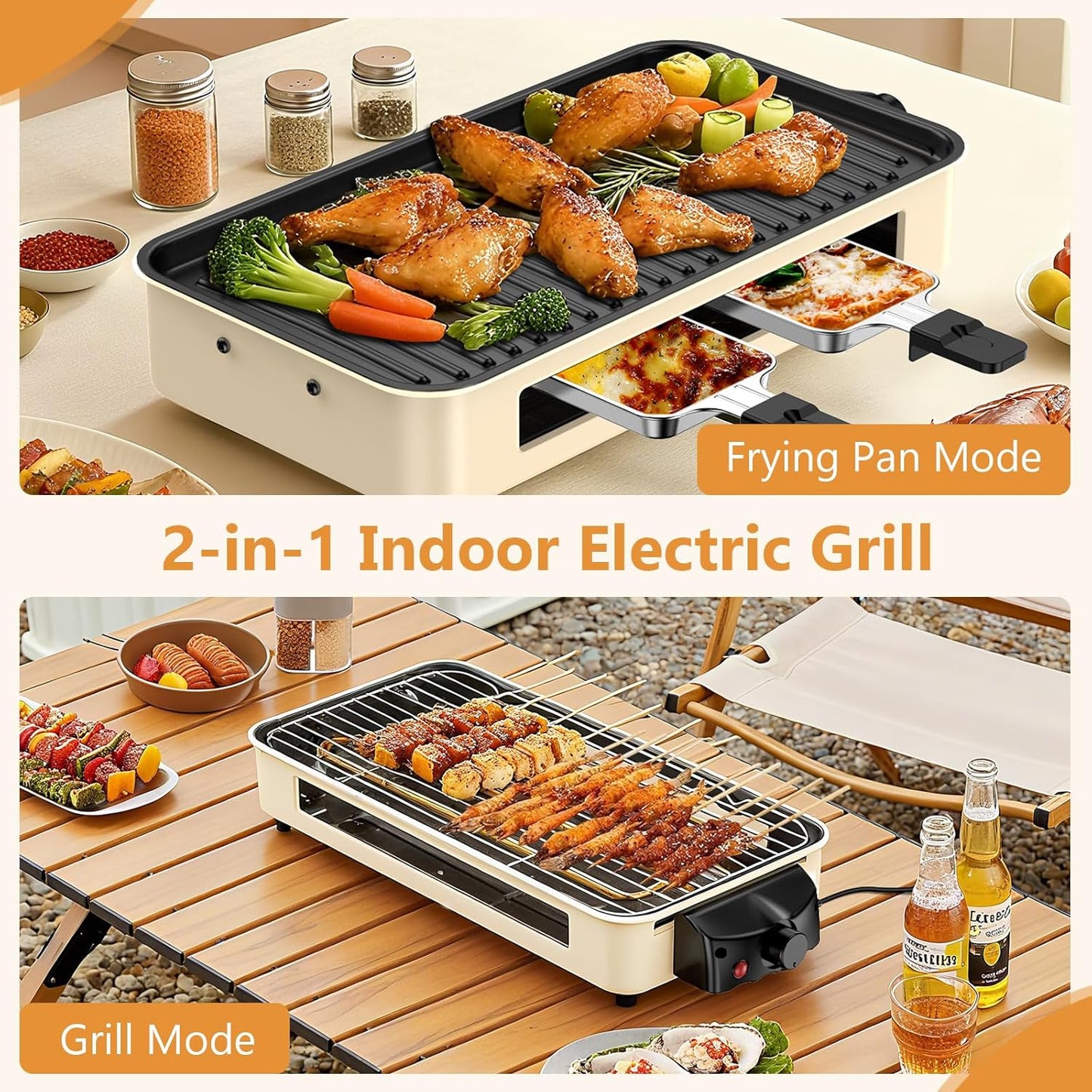 1500W Electric Smokeless Indoor Grill 2-in-1 with Non-Stick Removable Grill & Griddle Plates, Adjustable Temperature Korean BBQ & Cheese Pan, Dishwasher Safe