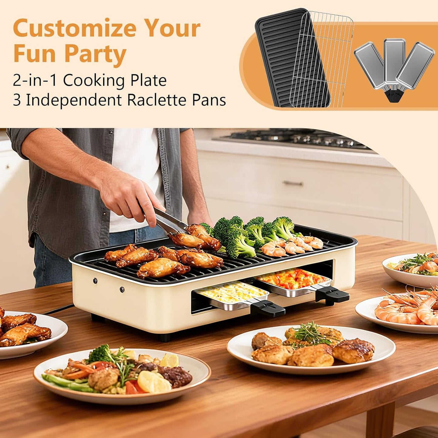 1500W Electric Smokeless Indoor Grill 2-in-1 with Non-Stick Removable Grill & Griddle Plates, Adjustable Temperature Korean BBQ & Cheese Pan, Dishwasher Safe
