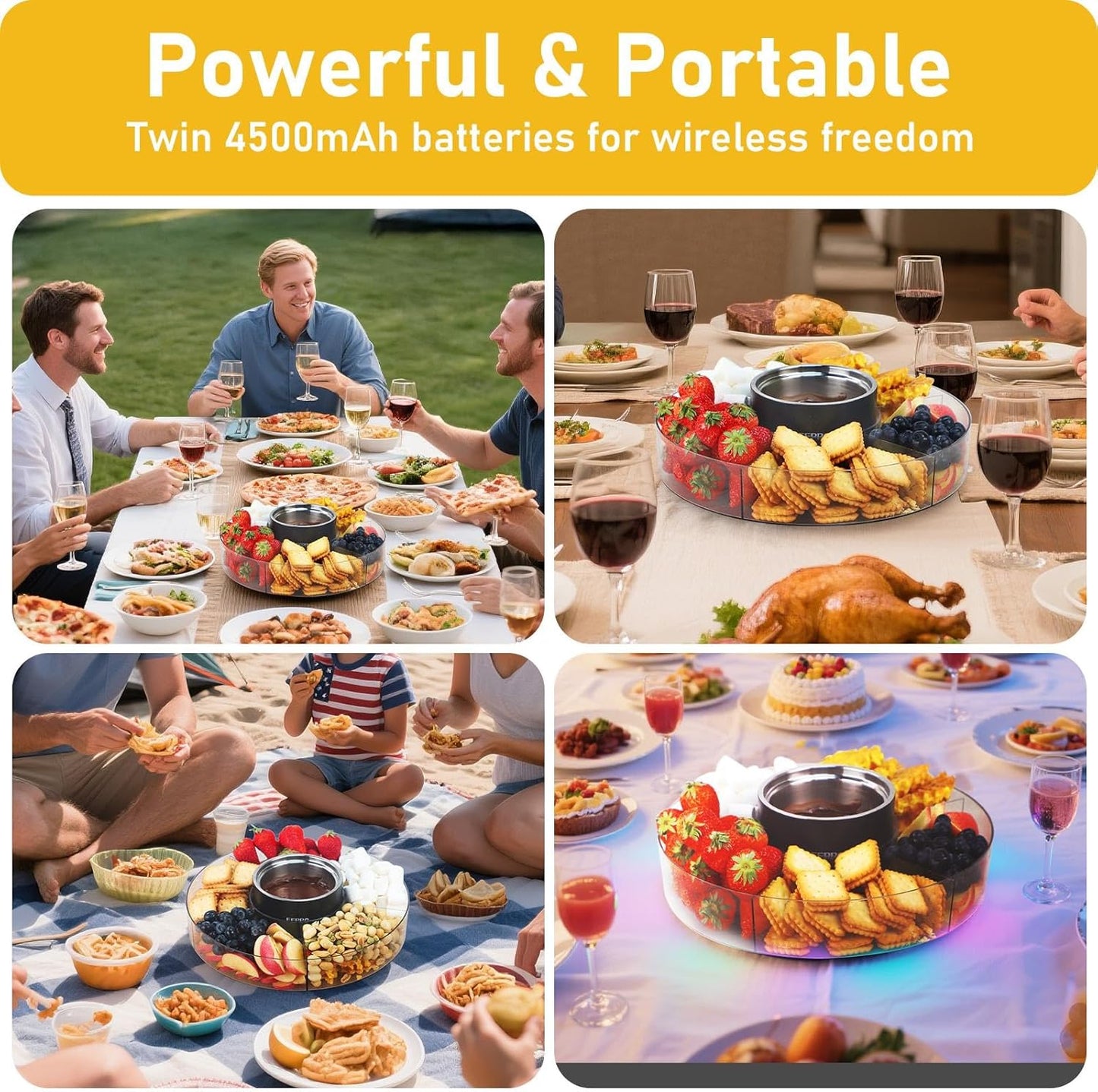 Cordless Electric Fondue Pot Set with Mood Light, Rechargeable Battery Powered Melting Pot with Detachable Taco Serving Tray for Chocolate, Cheese, Parties & Camping
