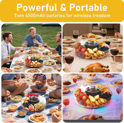 Cordless Electric Fondue Pot Set with Mood Light, Rechargeable Battery Powered Melting Pot with Detachable Taco Serving Tray for Chocolate, Cheese, Parties & Camping