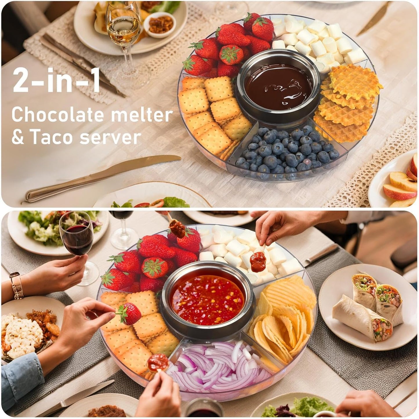 Cordless Electric Fondue Pot Set with Mood Light, Rechargeable Battery Powered Melting Pot with Detachable Taco Serving Tray for Chocolate, Cheese, Parties & Camping
