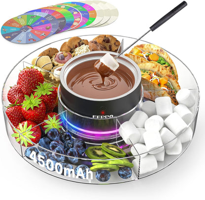 Cordless Electric Fondue Pot Set with Mood Light, Rechargeable Battery Powered Melting Pot with Detachable Taco Serving Tray for Chocolate, Cheese, Parties & Camping