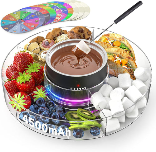 Cordless Electric Fondue Pot Set with Mood Light, Rechargeable Battery Powered Melting Pot with Detachable Taco Serving Tray for Chocolate, Cheese, Parties & Camping